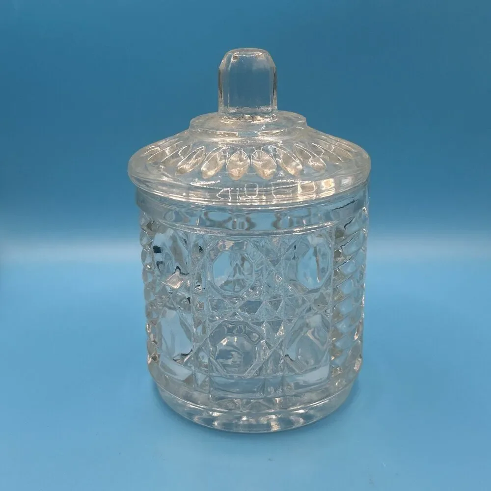 Federal Clear Glass Windsor Cane & Button Sugar Bowl with Lid &Grove for a Spoon